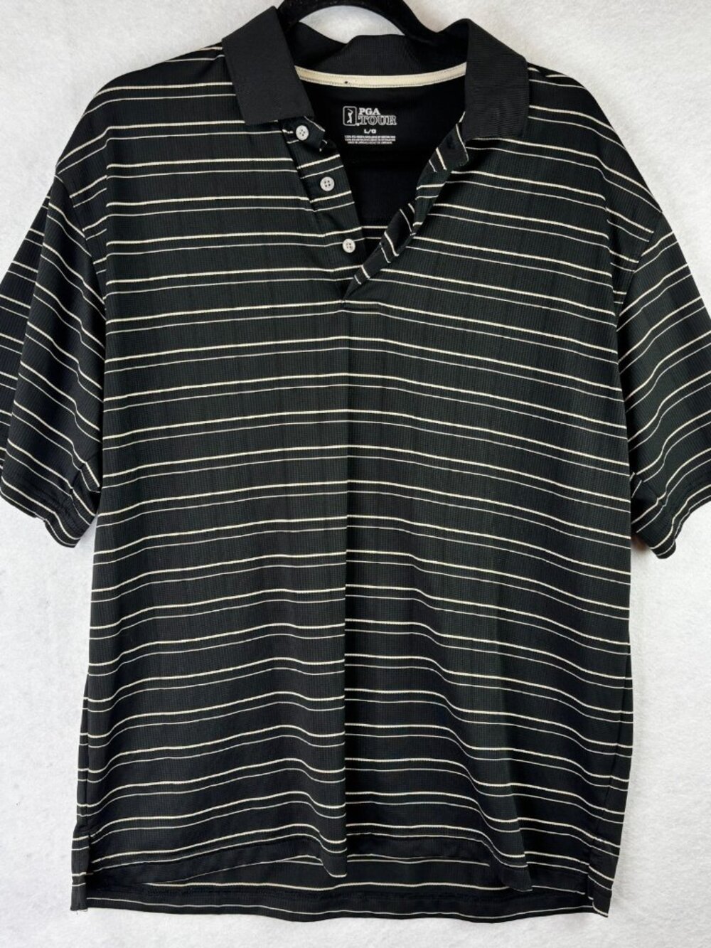 PGA Tour Golf Polo Shirt Mens Black Striped Size Large Short Sleeve Collared